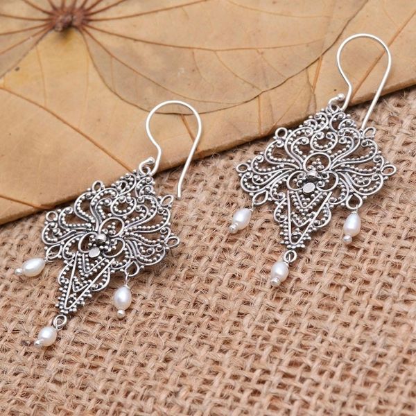 Alternate image for Sterling Silver and Cultured Pearl Dangle Earrings Abstract Sea