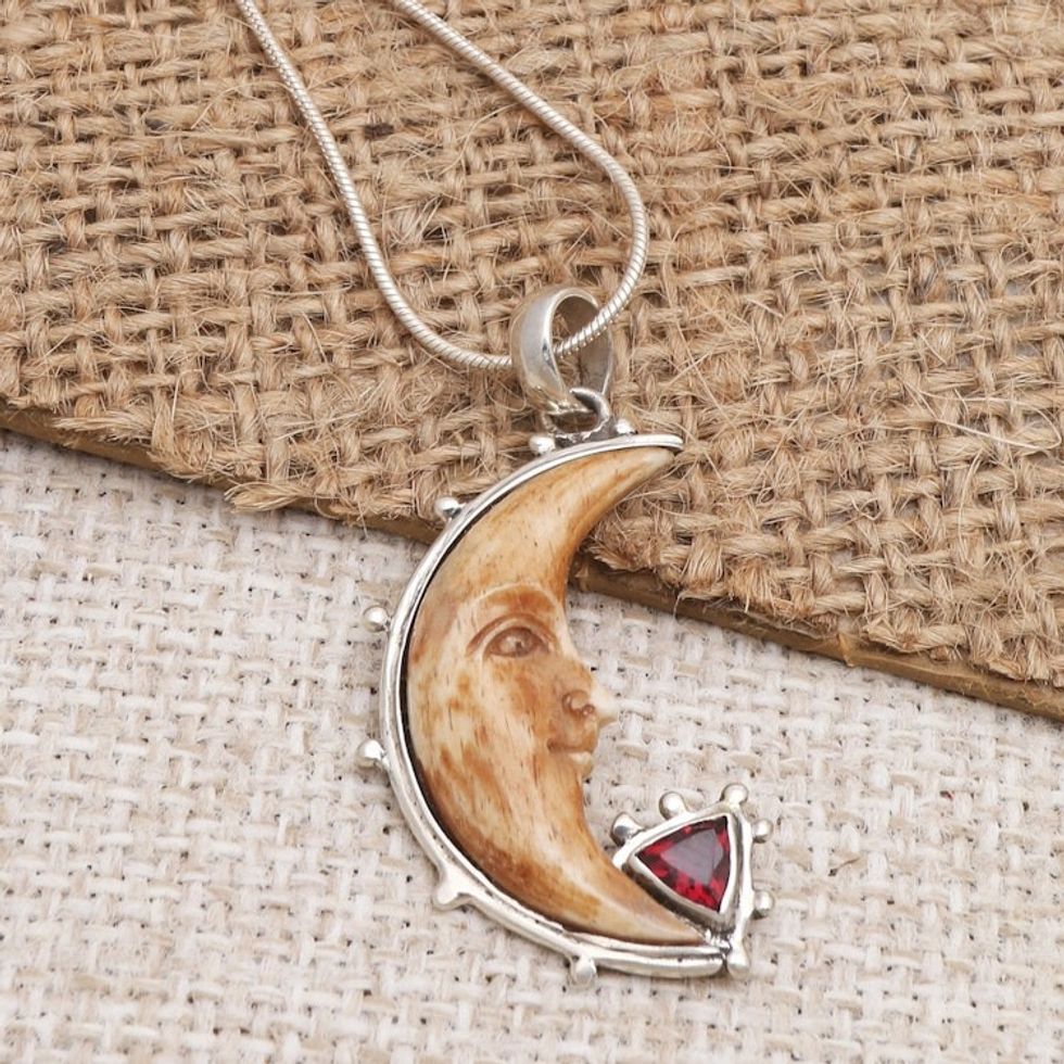 Garnet and Sterling Silver Crescent Moon Pendant Necklace 'Sunset Moon'