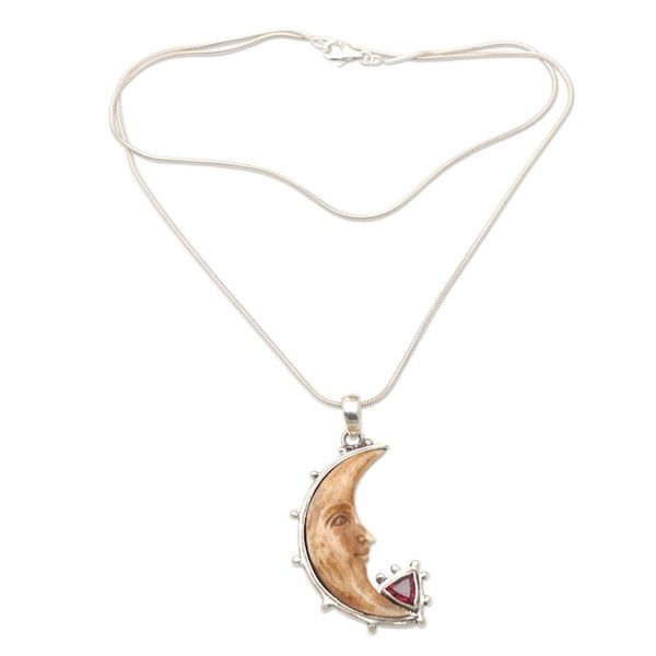 Alternate image for Garnet and Sterling Silver Crescent Moon Pendant Necklace Sunset Moon
