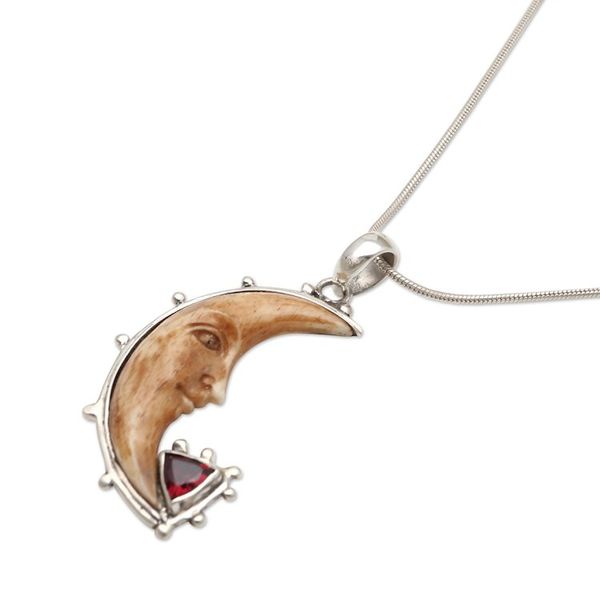 Alternate image for Garnet and Sterling Silver Crescent Moon Pendant Necklace Sunset Moon
