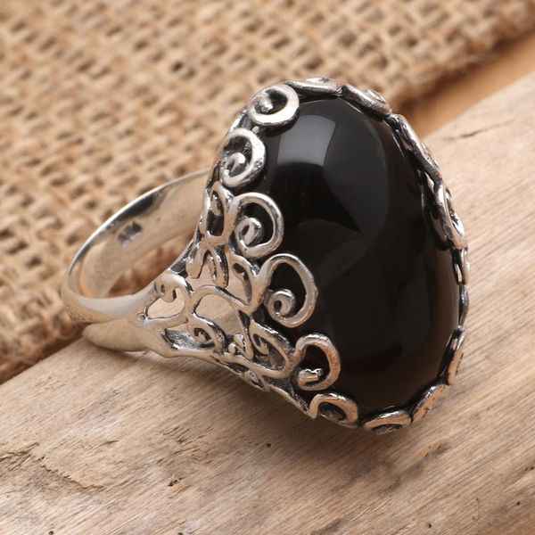 Alternate image for Unisex Sterling Silver and Onyx Cocktail Ring Licorice Candy