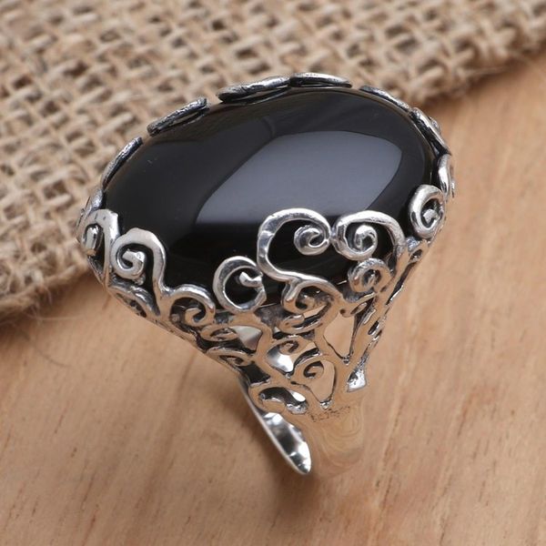 Alternate image for Unisex Sterling Silver and Onyx Cocktail Ring Licorice Candy