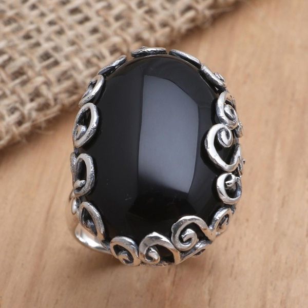 Alternate image for Unisex Sterling Silver and Onyx Cocktail Ring Licorice Candy