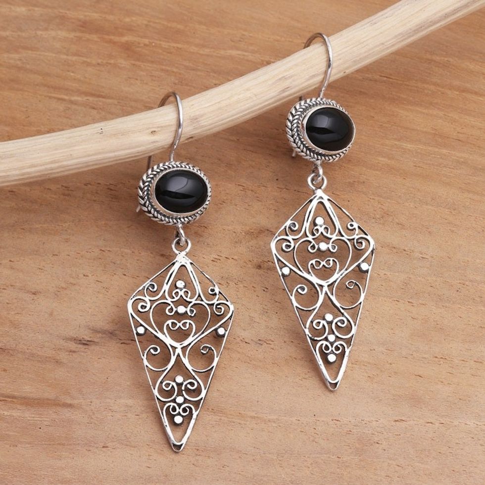 Sterling Silver and Black Onyx Kite-Shaped Dangle Earrings 'Beautiful Shadow'