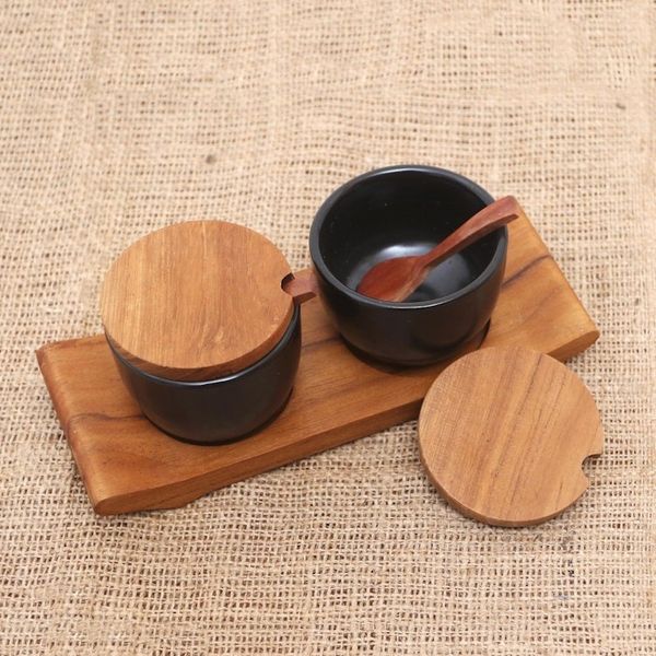 Alternate image for Hand Crafted Ceramic and Teak Wood Condiment Set Flavor Duo in Black