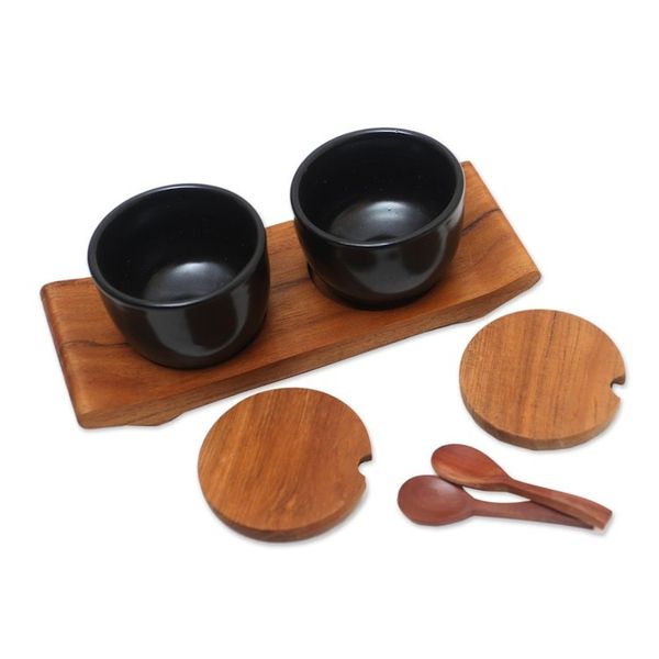 Alternate image for Hand Crafted Ceramic and Teak Wood Condiment Set Flavor Duo in Black