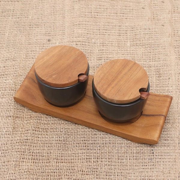 Alternate image for Hand Crafted Ceramic and Teak Wood Condiment Set Flavor Duo in Black