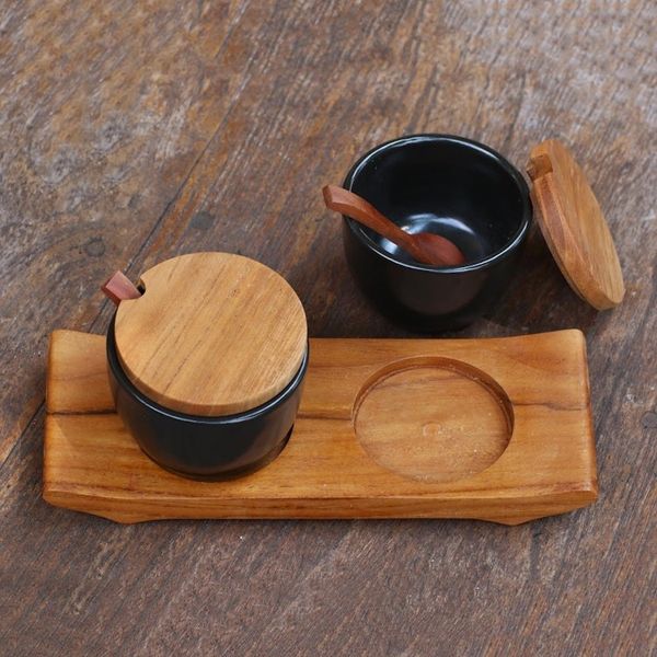 Alternate image for Hand Crafted Ceramic and Teak Wood Condiment Set Flavor Duo in Black