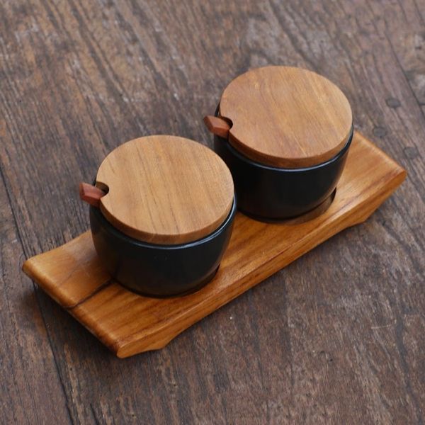 Alternate image for Hand Crafted Ceramic and Teak Wood Condiment Set Flavor Duo in Black
