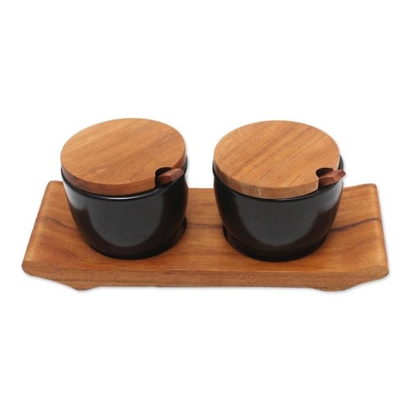 Alternate image for Hand Crafted Ceramic and Teak Wood Condiment Set Flavor Duo in Black