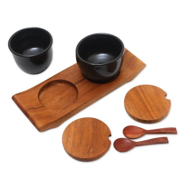 Alternate image for Hand Crafted Ceramic and Teak Wood Condiment Set Flavor Duo in Black