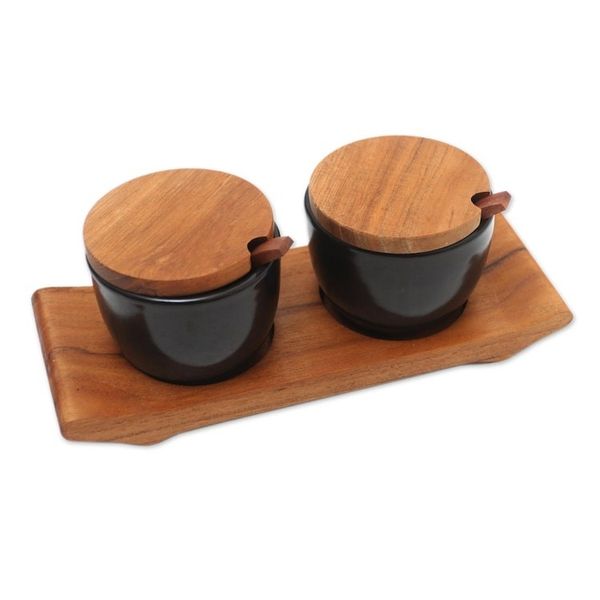 Alternate image for Hand Crafted Ceramic and Teak Wood Condiment Set Flavor Duo in Black