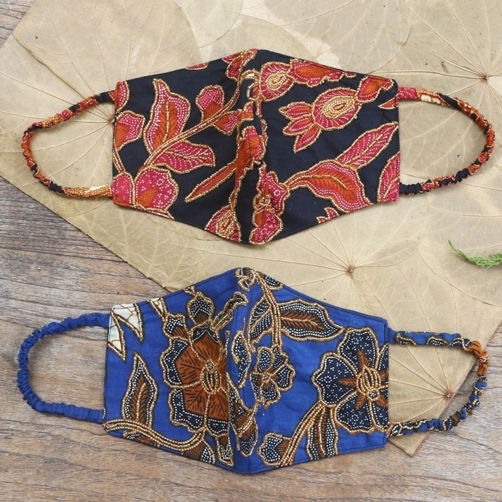 Pair of Cotton Batik Beaded Face Masks 'Beaded Batik'