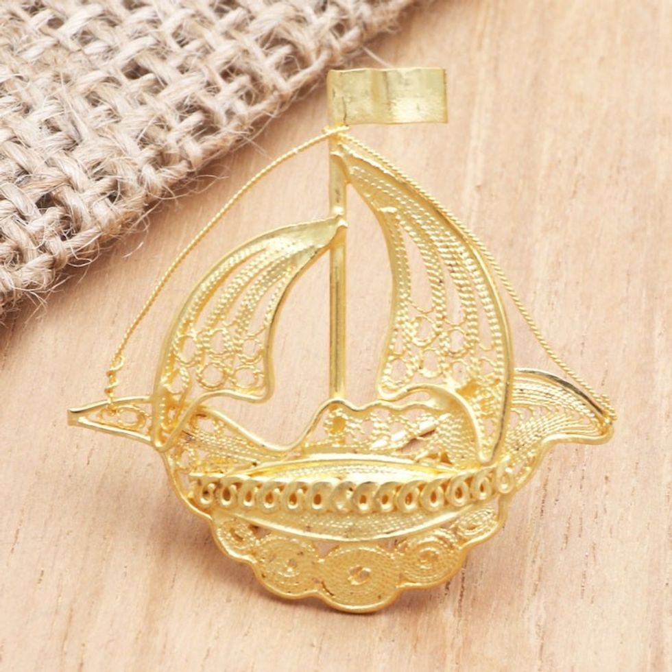 Gold-Plated Filigree Boat Brooch 'Pirate Boat'