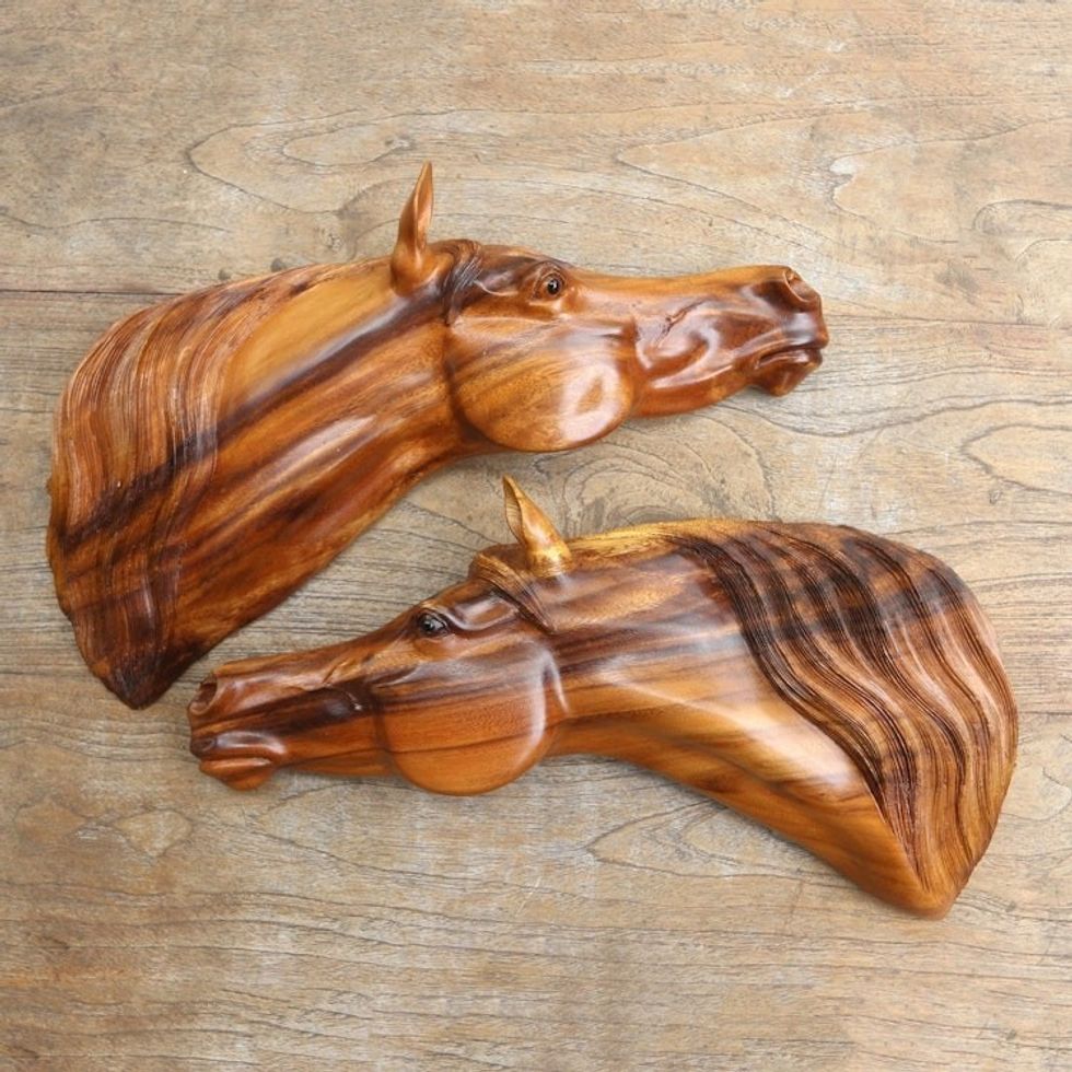 Pair of Handcarved Suar Wood Horse Heads Wall Sculptures 'Pair of Mares'