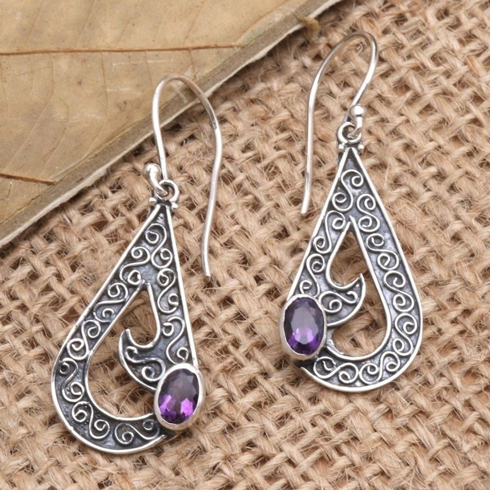 Sterling Silver and Amethyst Dangle Earrings 'Sea Waves in Purple'