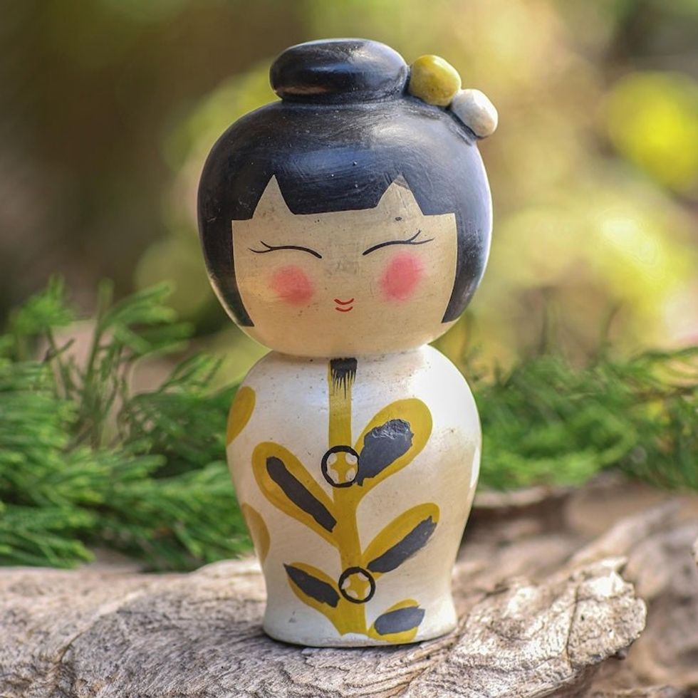 Small Albesia Wood Statuette in White 'Shy Lady in White'