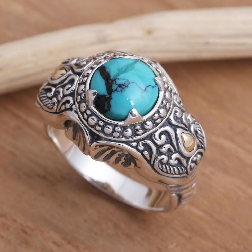 Men's Gold Accented Sterling Silver Elephant Ring 'Maharaja'
