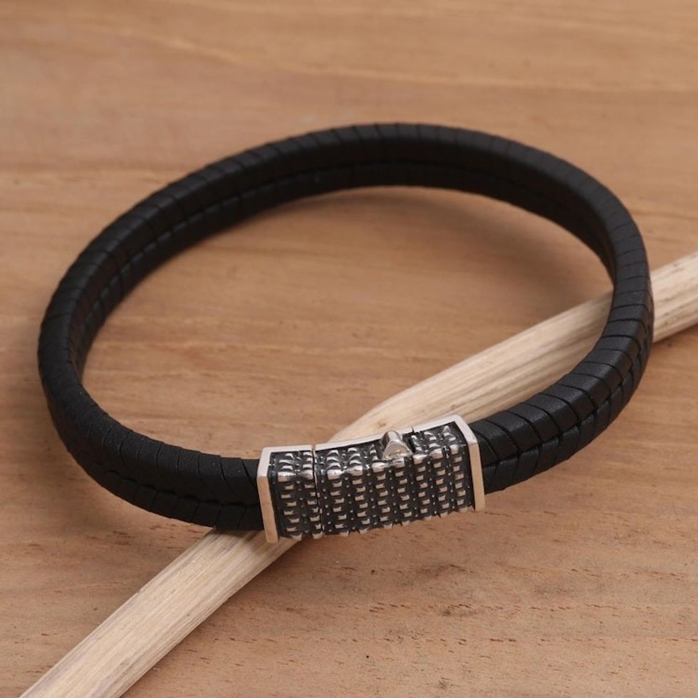 Hand Crafted Leather and Sterling Silver Braided Bracelet 'Dotted Rhythm'