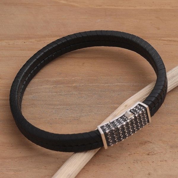 Alternate image for Hand Crafted Leather and Sterling Silver Braided Bracelet Dotted Rhythm