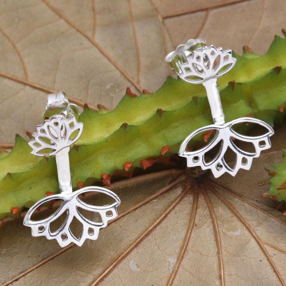 Lotus Motif Sterling Silver Drop Earrings 'Lotus Reflection'