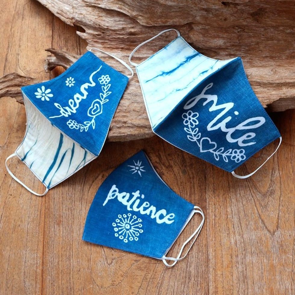 Natural Dyes All Cotton Batik Face Masks Set of 3 'Smile, Dream, Patience'