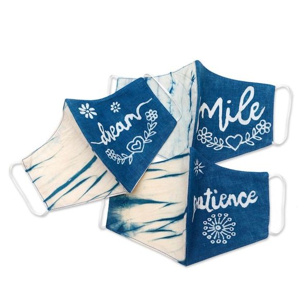 Alternate image for Natural Dyes All Cotton Batik Face Masks Set of 3 Smile, Dream, Patience