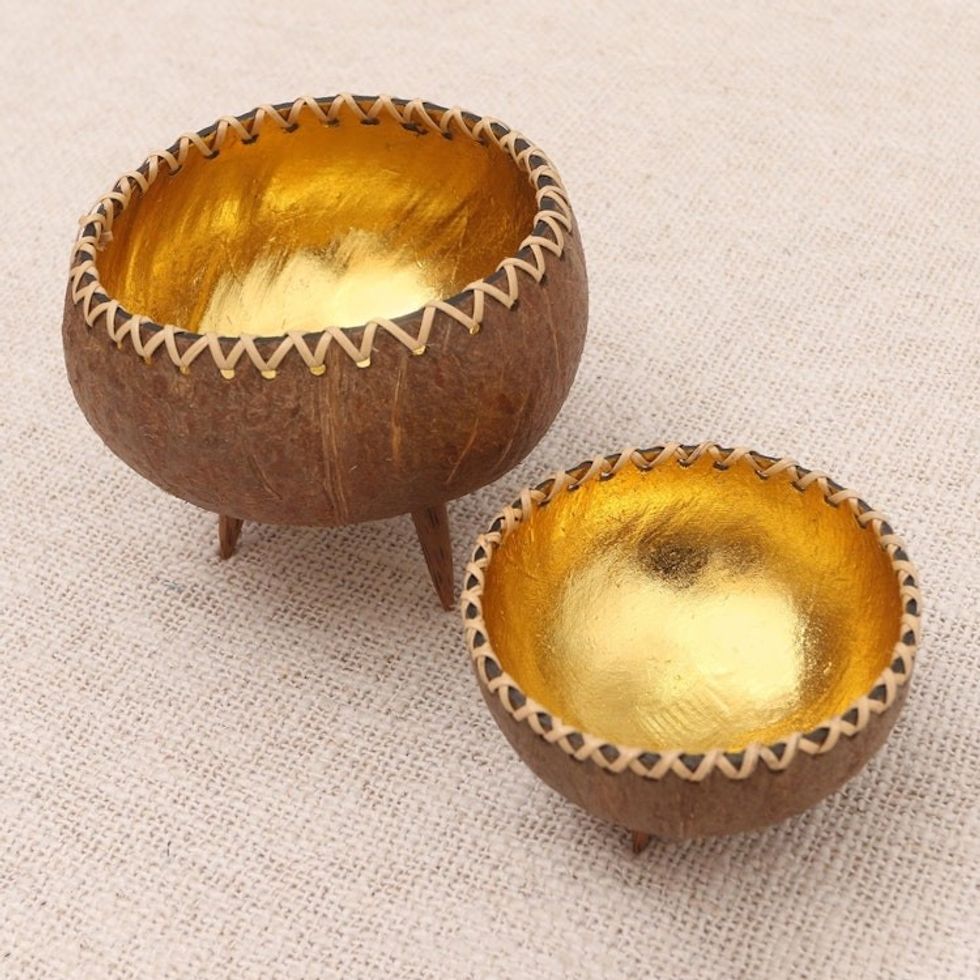 Handmade Decorative Coconut Shell Bowls Pair 'Gleaming Duo'