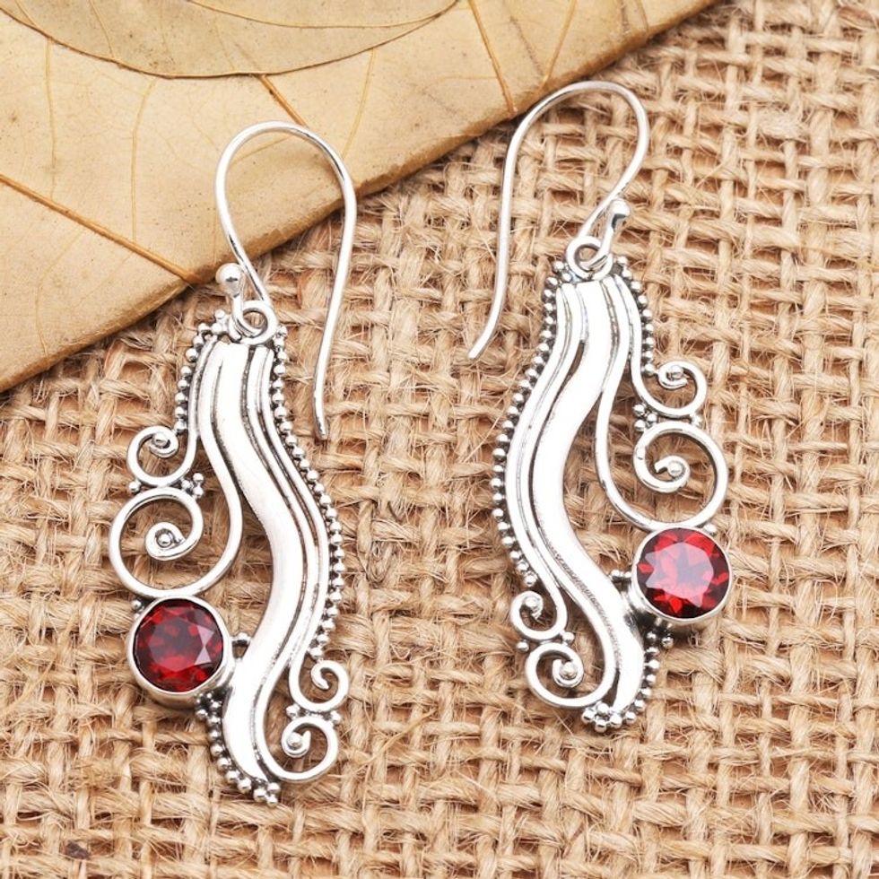 Handcrafted Sterling Silver and Garnet Dangle Earrings 'Favorite Party'