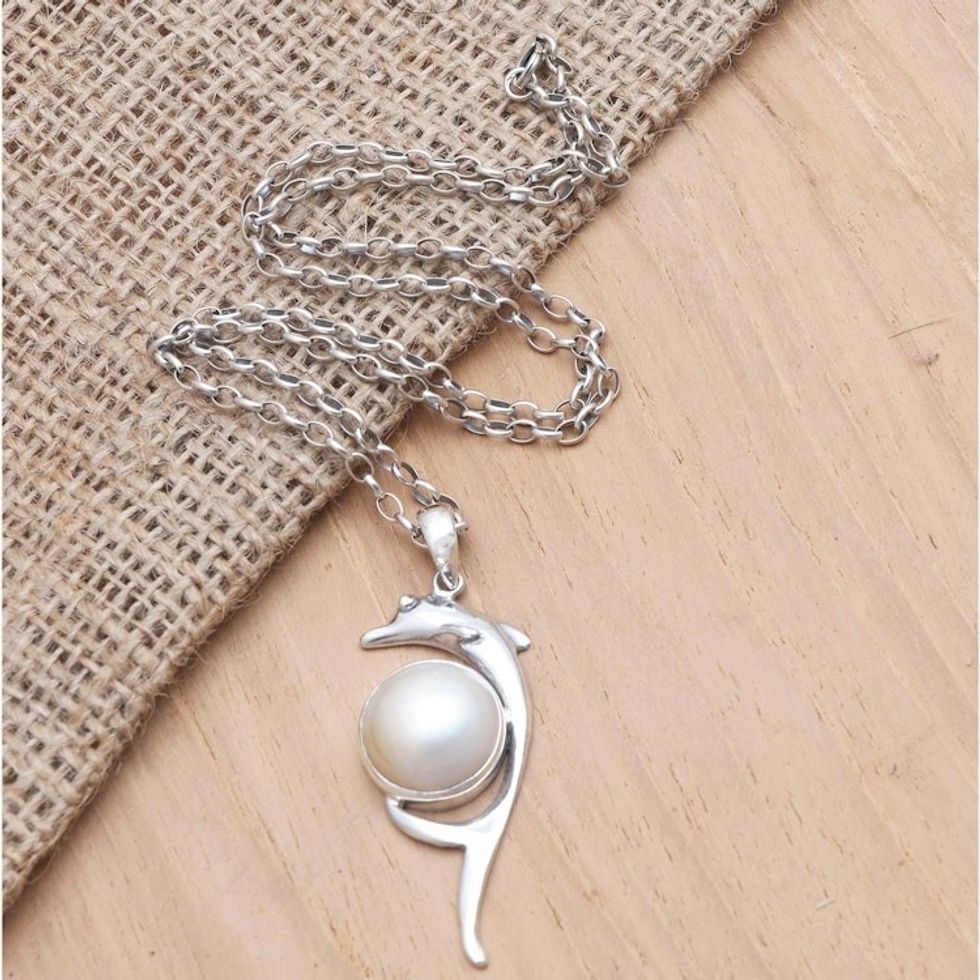 Hand Made Pearl and Sterling Silver Pendant Necklace 'Dolphin Show'