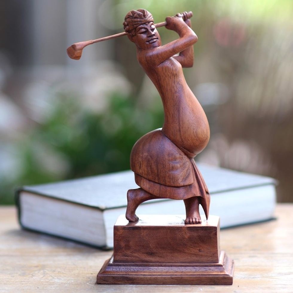 Handmade Balinese Golfer Wood Statuette 'Balinese Golfer'