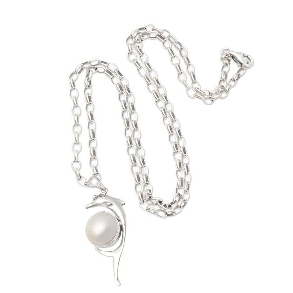 Alternate image for Hand Made Pearl and Sterling Silver Pendant Necklace Dolphin Show