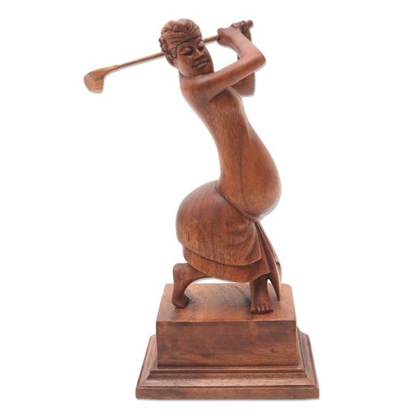Alternate image for Handmade Balinese Golfer Wood Statuette Balinese Golfer
