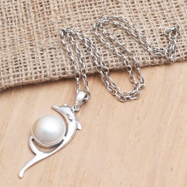 Alternate image for Hand Made Pearl and Sterling Silver Pendant Necklace Dolphin Show