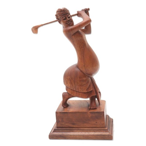 Alternate image for Handmade Balinese Golfer Wood Statuette Balinese Golfer