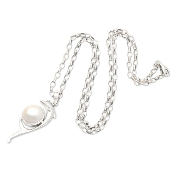 Alternate image for Hand Made Pearl and Sterling Silver Pendant Necklace Dolphin Show