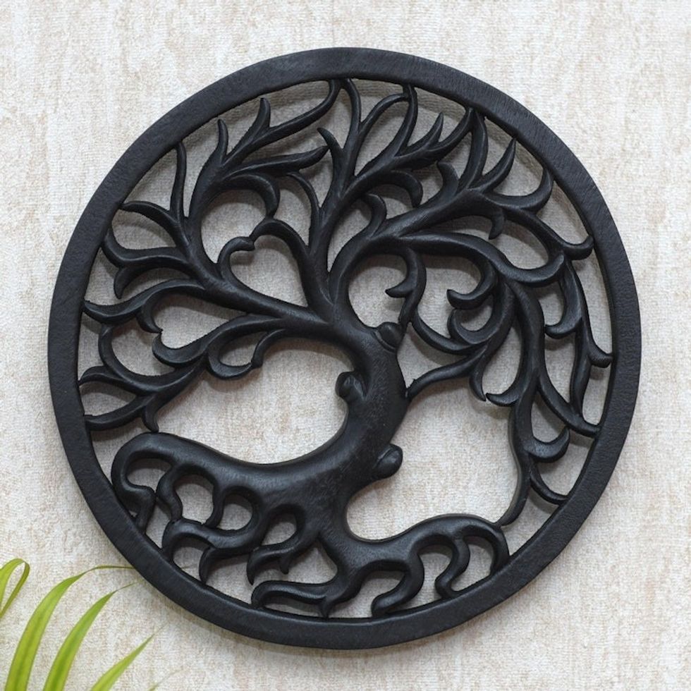 Hand Carved Suar Wood Tree-Motif Relief Panel 'Ginseng Tree'