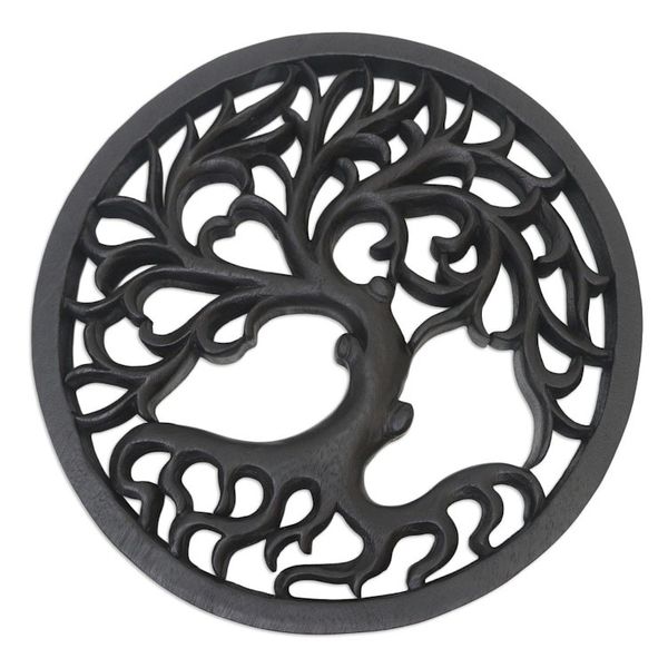 Alternate image for Hand Carved Suar Wood Tree-Motif Relief Panel Ginseng Tree