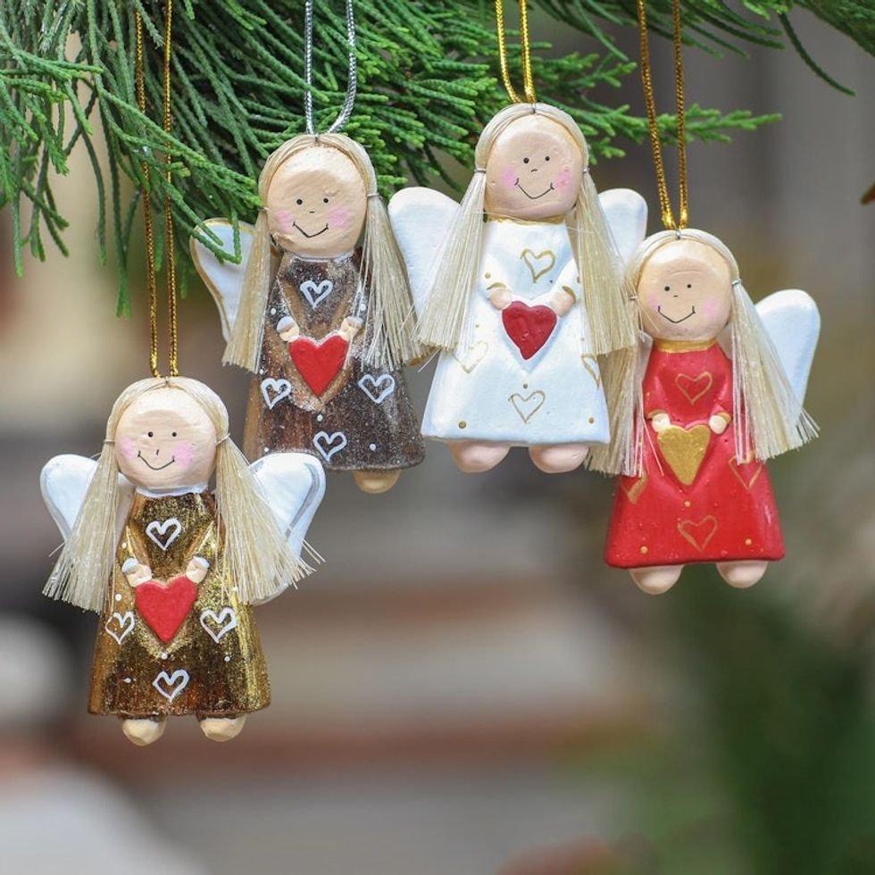 Wood Angel Ornaments Handmade in Bali Set of 4 'Homespun Charm'