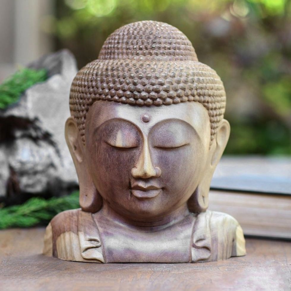 Hand Carved Hibiscus Wood Buddha Sculpture 'Buddha Bust'