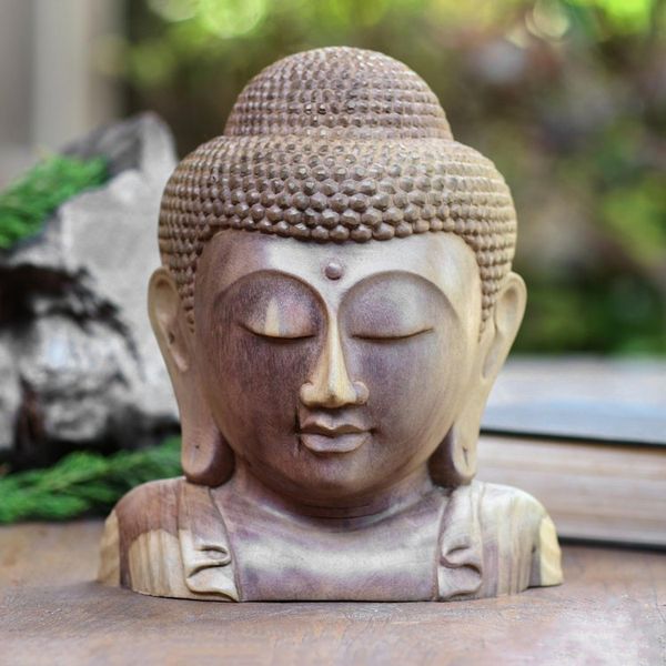 Alternate image for Hand Carved Hibiscus Wood Buddha Sculpture Buddha Bust