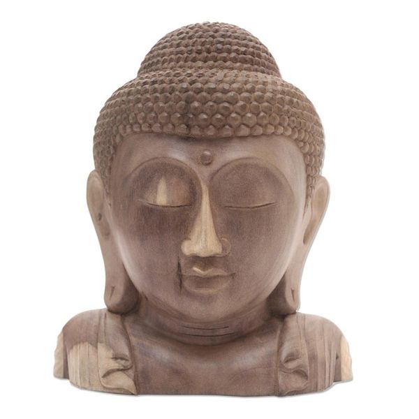 Alternate image for Hand Carved Hibiscus Wood Buddha Sculpture Buddha Bust