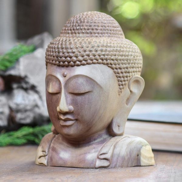Alternate image for Hand Carved Hibiscus Wood Buddha Sculpture Buddha Bust