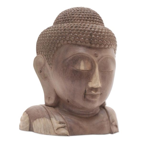 Alternate image for Hand Carved Hibiscus Wood Buddha Sculpture Buddha Bust