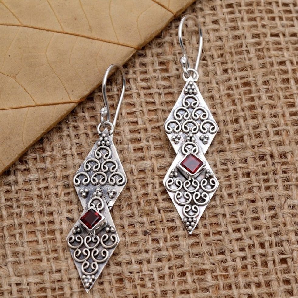 Hand Crafted Sterling Silver and Garnet Dangle Earrings 'Double Kite in Red'