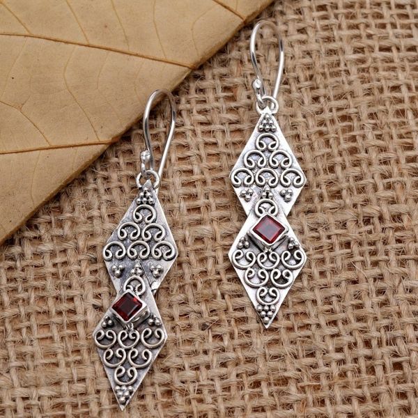 Alternate image for Hand Crafted Sterling Silver and Garnet Dangle Earrings Double Kite in Red