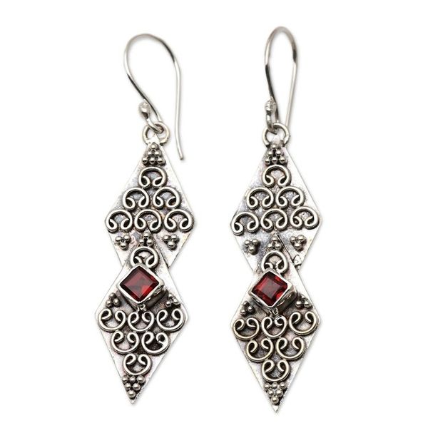 Alternate image for Hand Crafted Sterling Silver and Garnet Dangle Earrings Double Kite in Red