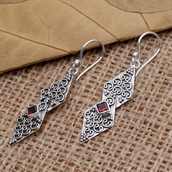 Alternate image for Hand Crafted Sterling Silver and Garnet Dangle Earrings Double Kite in Red