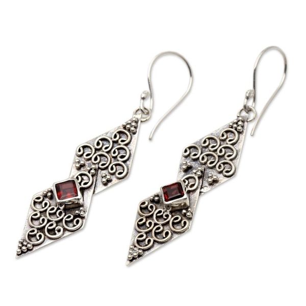 Alternate image for Hand Crafted Sterling Silver and Garnet Dangle Earrings Double Kite in Red