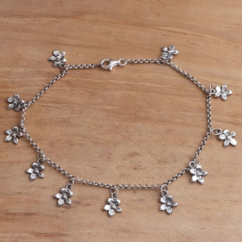 Sterling Silver Floral Charm Anklet from Bali 'Glimmering Flowers'
